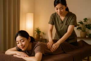 落ち着いた照明の中でリラクゼーションマッサージを受ける女性