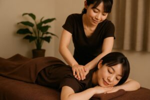 マッサージ師が腰のリンパをほぐす施術中の女性