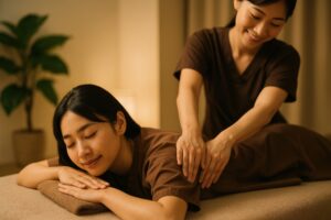リラックスしながら横たわる女性と腰を施術するマッサージ師
