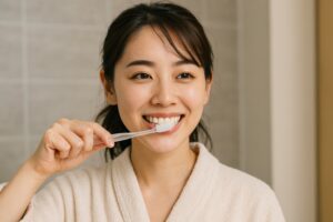 バスルームで歯磨きをする朝の女性