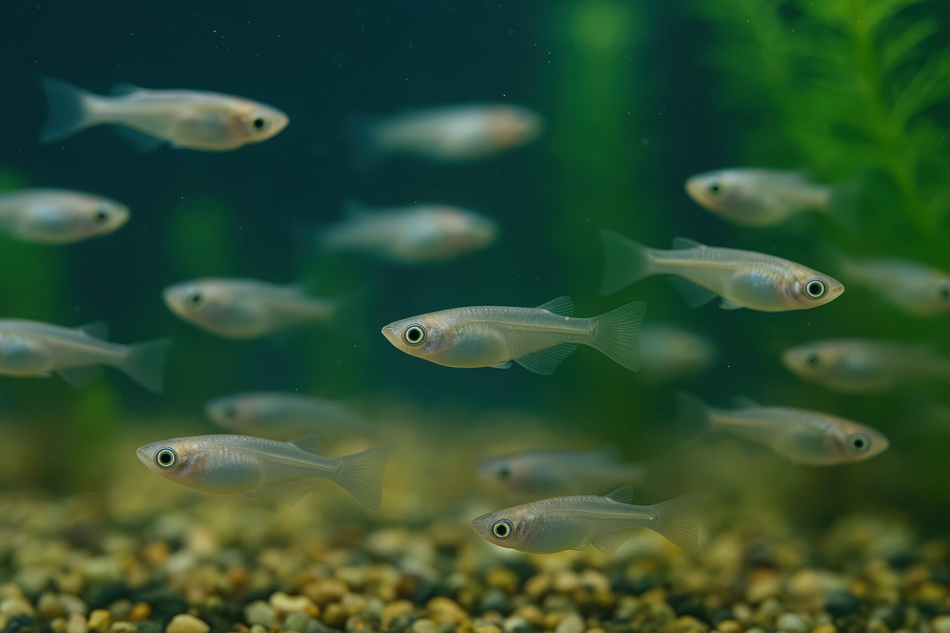 水槽の中を泳ぐ透明感のあるメダカの群れ