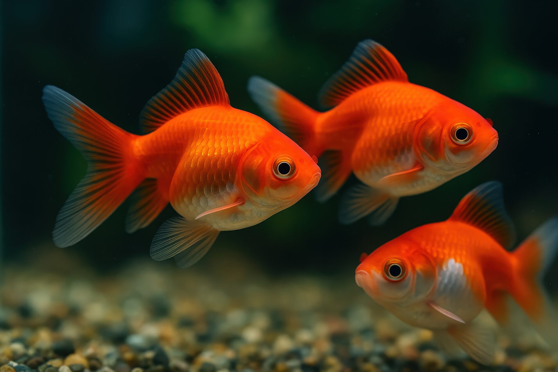 水槽の中を泳ぐ丸い体型の金魚たち