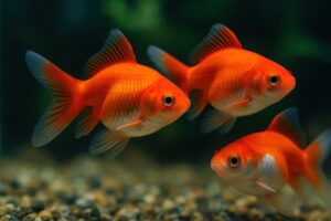 水槽の中を泳ぐ丸い体型の金魚たち