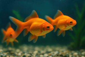 鮮やかなオレンジ色の金魚が並んで泳ぐ様子