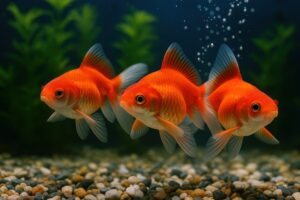 水泡の中を優雅に泳ぐ金魚の群れ