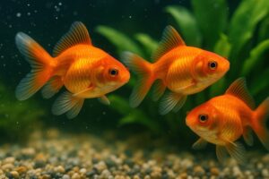 緑の水草の前を泳ぐ鮮やかな金魚たち