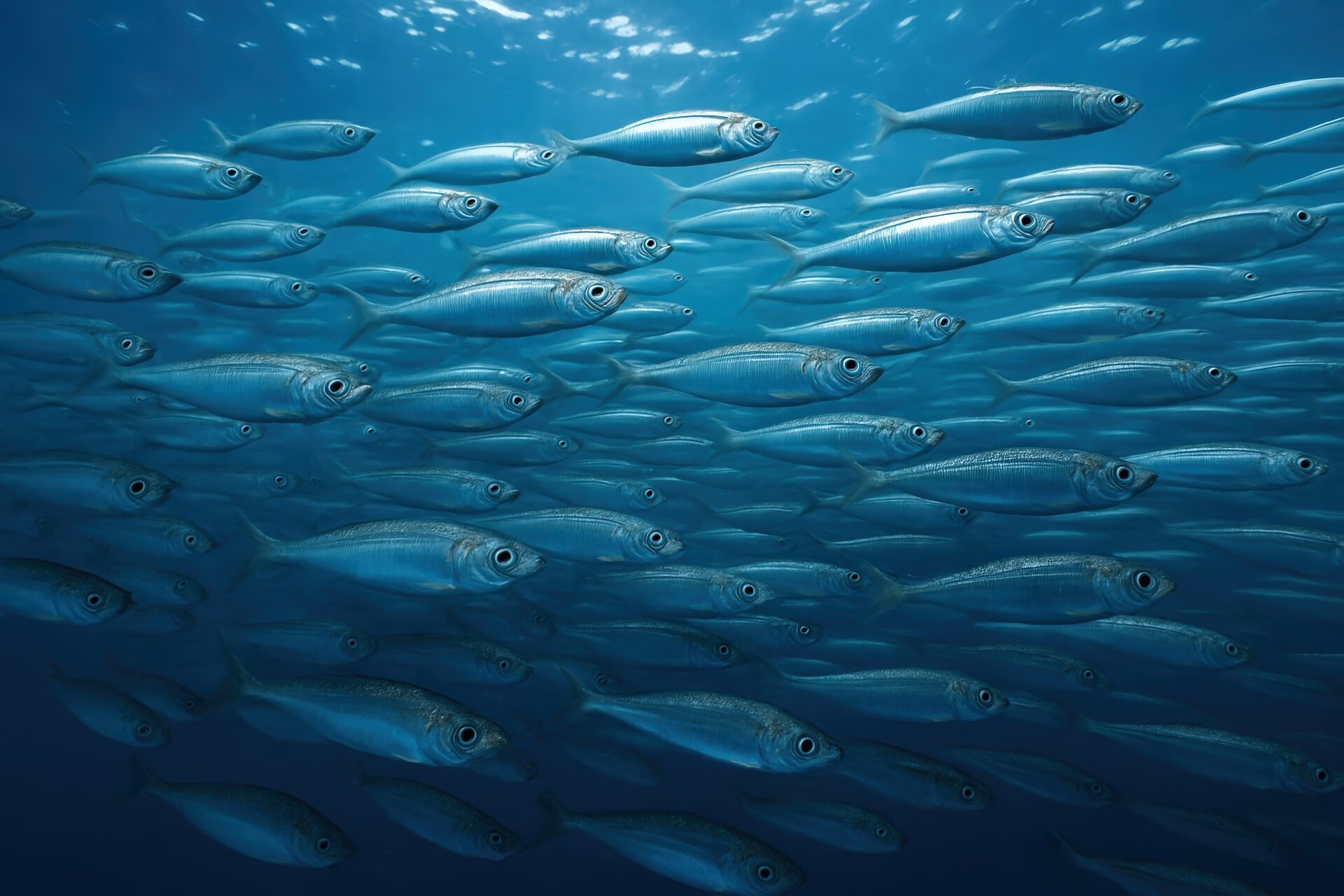 大量のアジが海中を回遊する様子