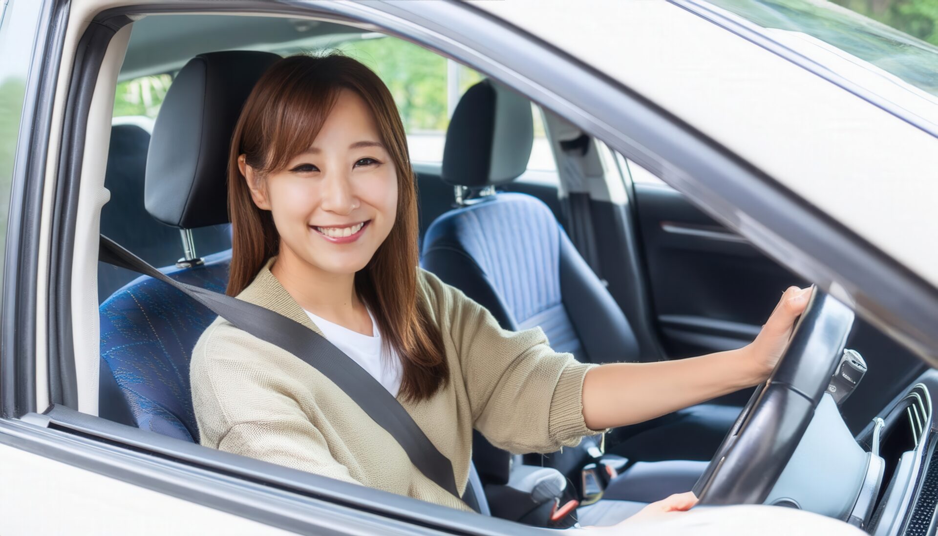車を運転中の女性（白い車・車外からの視点）