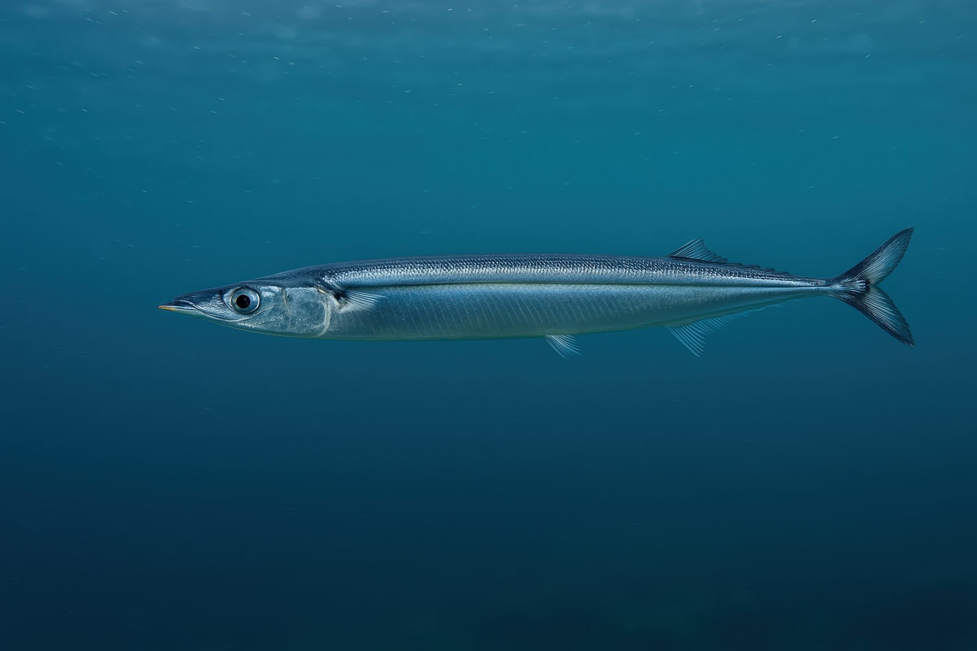 海中を泳ぐサンマの横向きショット