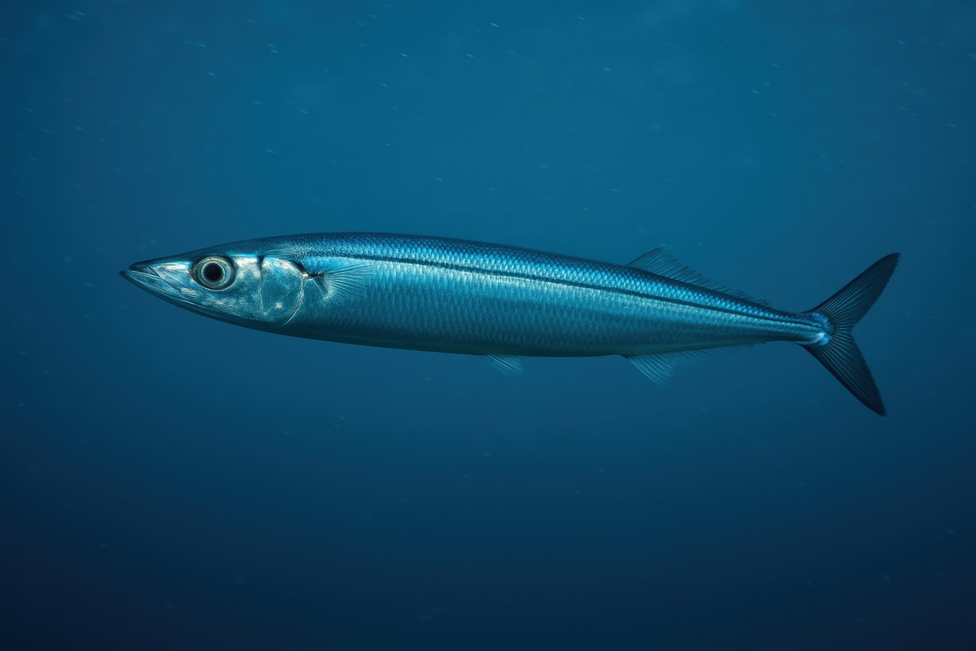 暗い海中に浮かぶサンマの接写