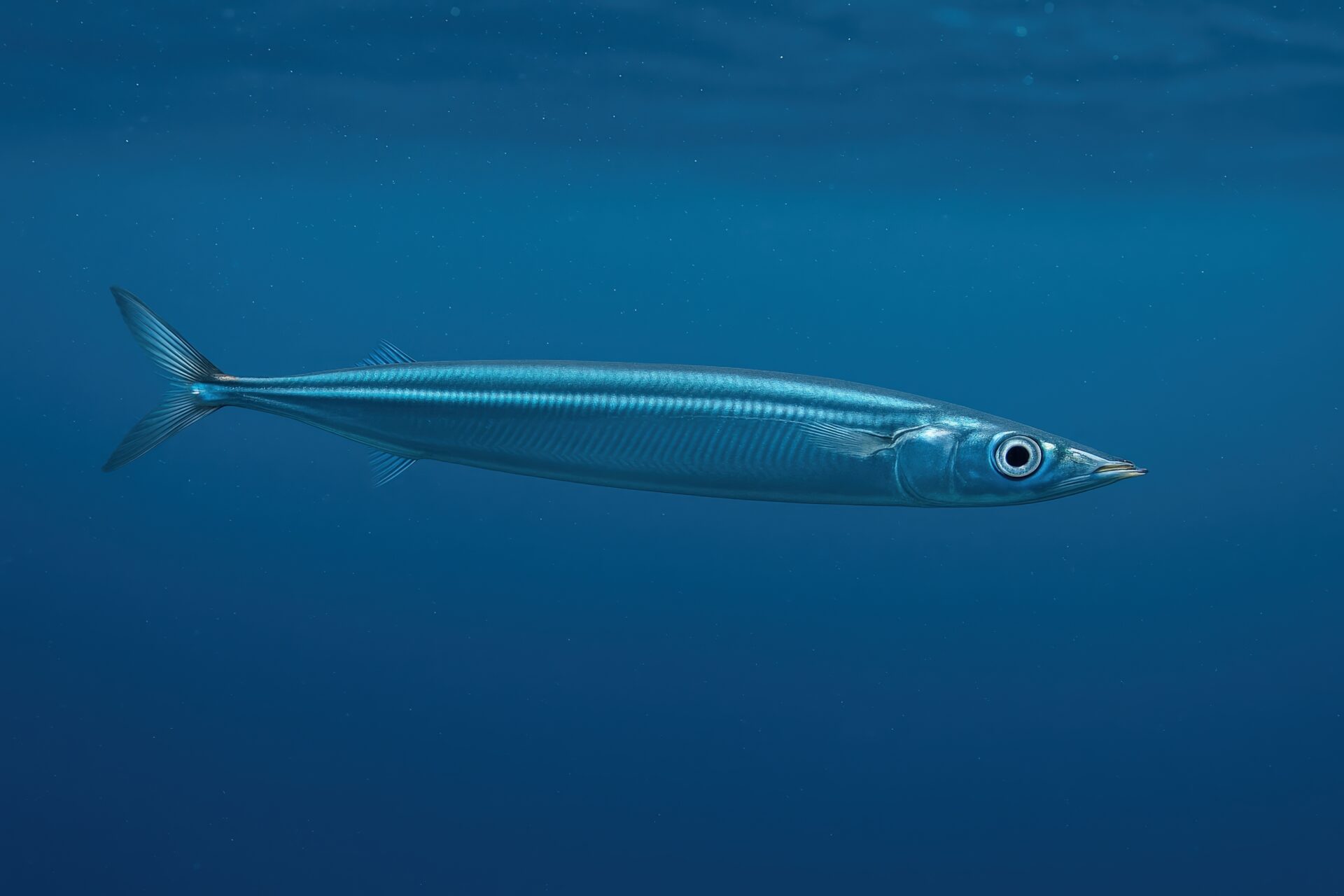青い海を泳ぐ細長いサンマの姿