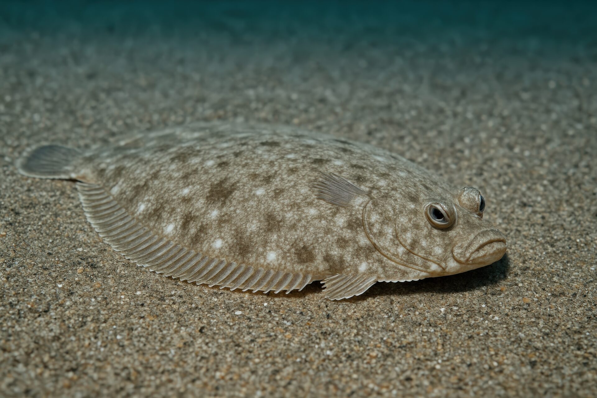 砂地に横たわるヒラメの横顔