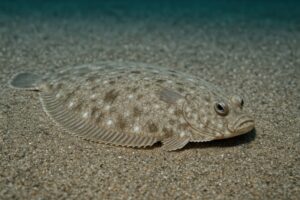 砂地に横たわるヒラメの横顔