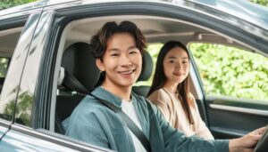 車を運転中の男女（助手席に座る女性と運転中の男性）