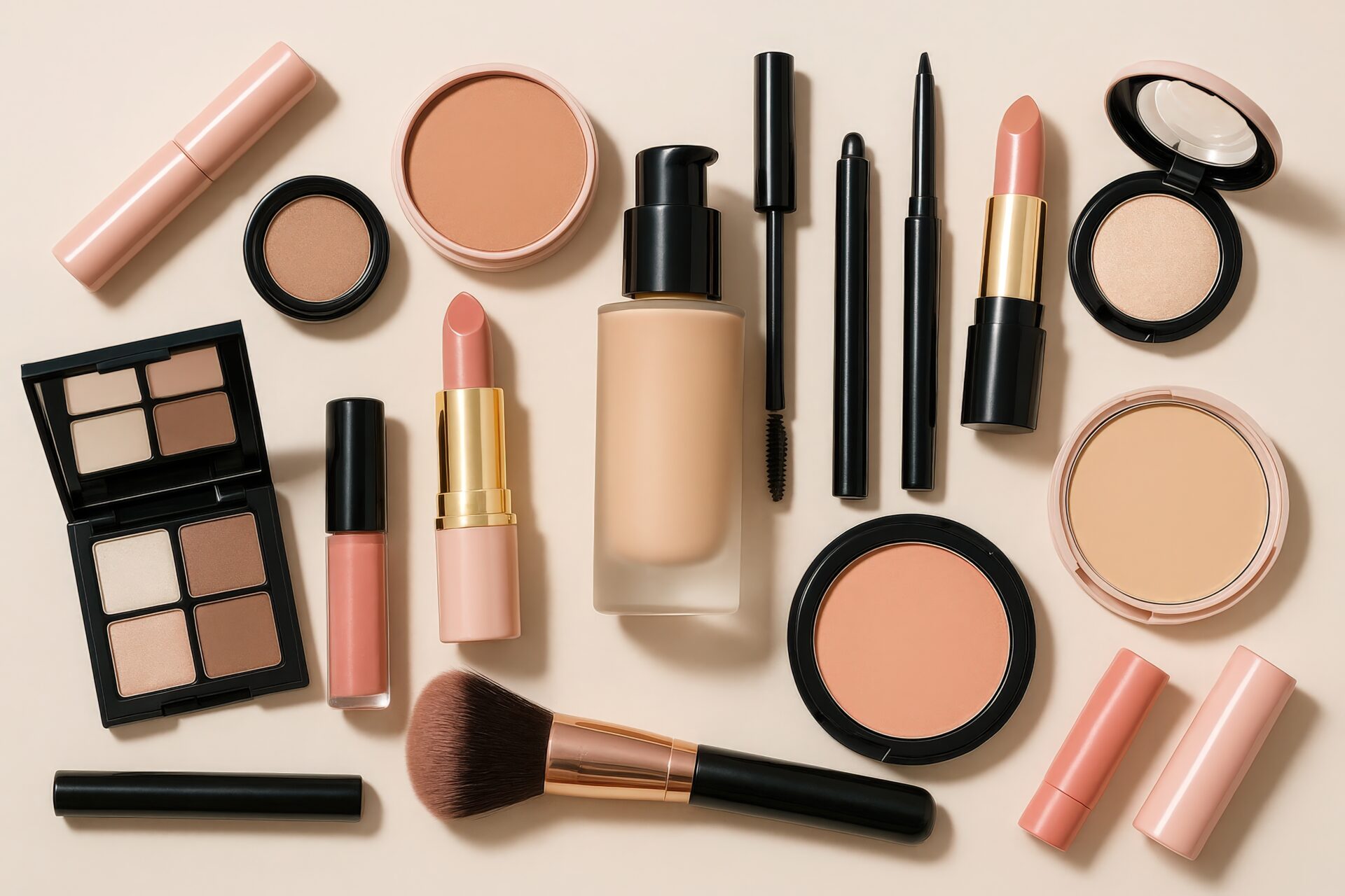 アイラインや口紅など多彩なメイク用品のフラットレイ