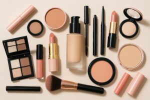 アイラインや口紅など多彩なメイク用品のフラットレイ