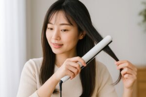 白いヘアアイロンで髪を整える若い女性