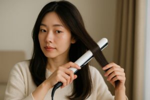 髪を丁寧に伸ばすストレートアイロンの使用シーン