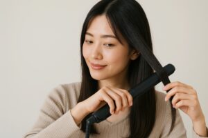 黒いストレートアイロンで前髪を整える様子