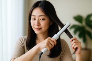 観葉植物の前で髪を整えるストレートアイロンの使用