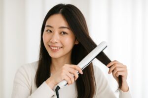 白いカーテン前で微笑みながらヘアアイロンをかける女性