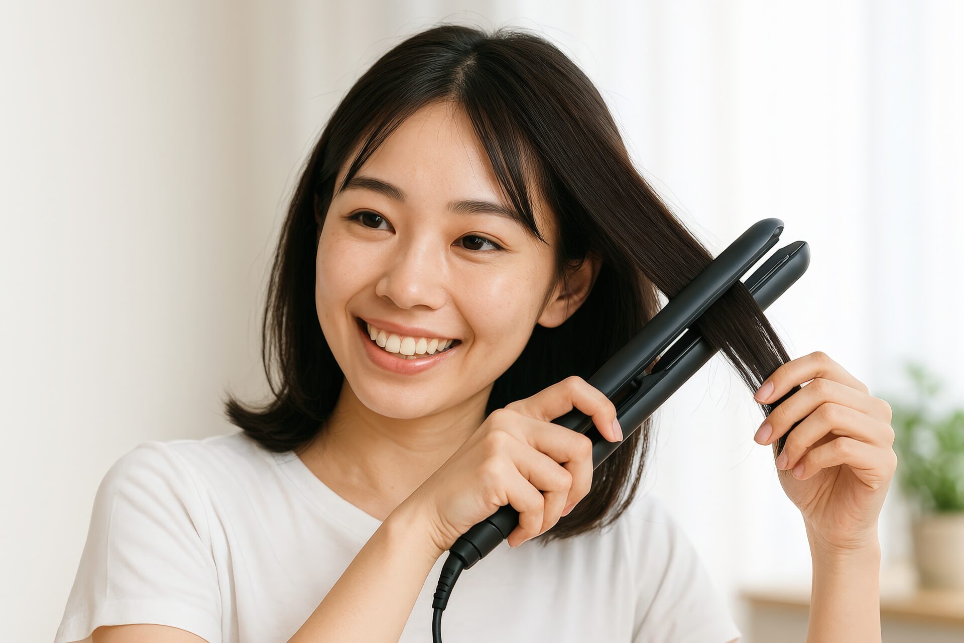 白いシャツの女性が黒いヘアアイロンで髪を整える瞬間
