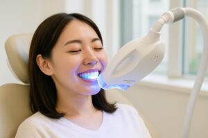 明るい窓際でホワイトニング治療を受ける女性