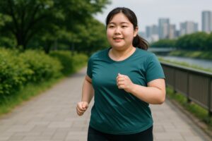 川沿いの道をランニングする女性