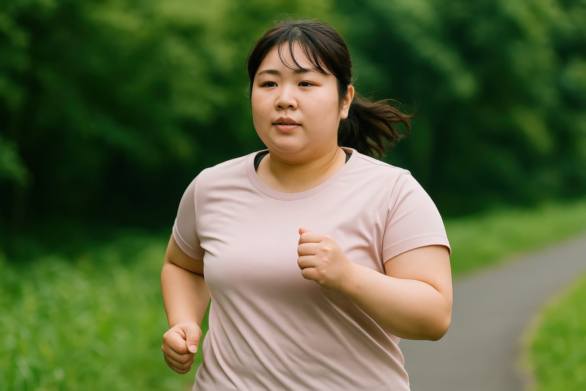 緑の中を走るピンクのシャツの女性