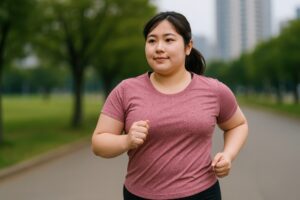 公園でランニングする若い女性