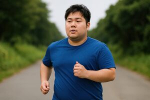 真剣な表情でランニングする男性