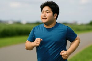 自然の中でダイエットランを頑張る男性