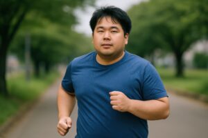 公園の並木道を走る男性のトレーニング風景