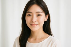 清潔感のある室内で微笑む素肌美の女性