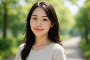 自然の中で柔らかな笑顔を見せる女性