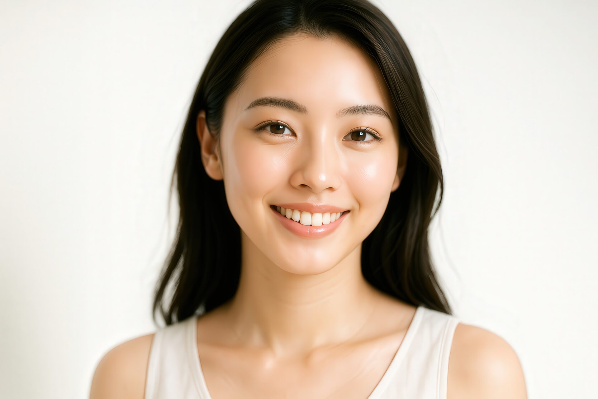 素肌が輝くような笑顔の女性ポートレート