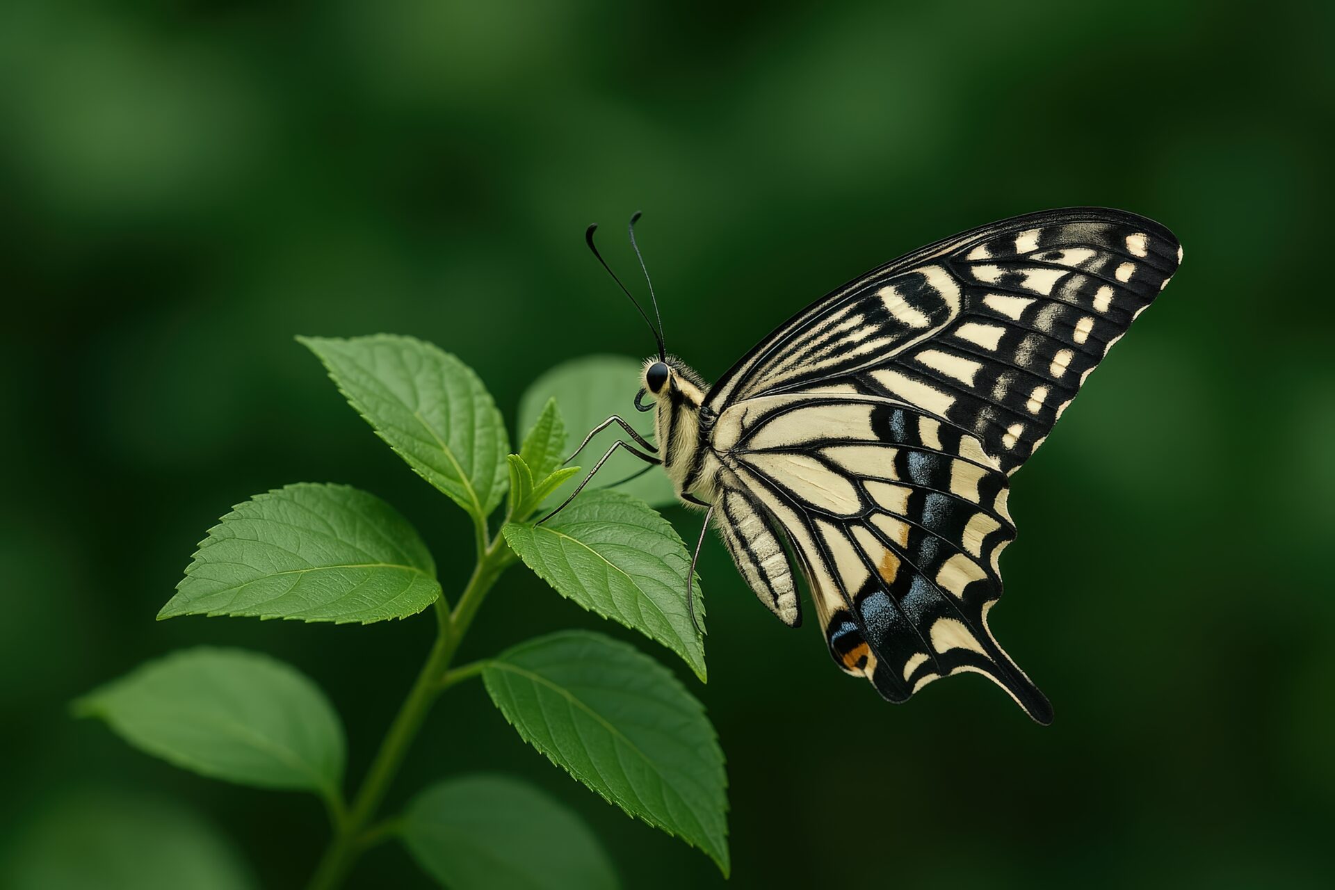 緑の葉にとまる美しいアゲハチョウ