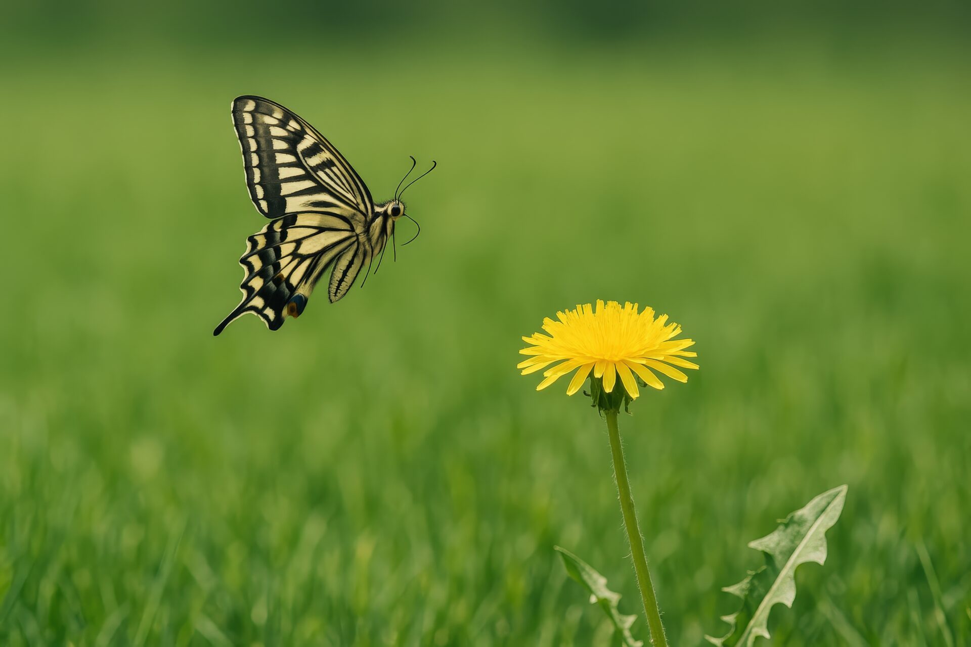 タンポポに近づく飛翔中のアゲハチョウ