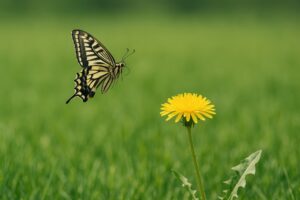 タンポポに近づく飛翔中のアゲハチョウ