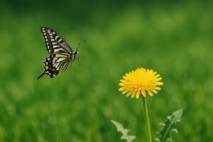 草原を舞うアゲハチョウとタンポポ