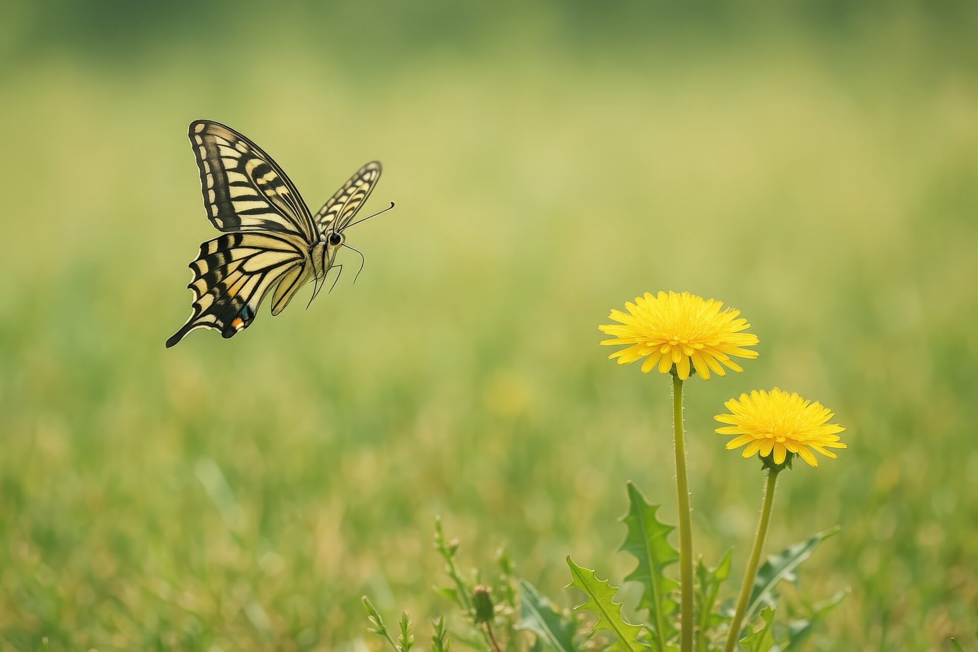 野原のタンポポに向かって舞うアゲハチョウ