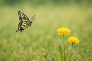 野原のタンポポに向かって舞うアゲハチョウ