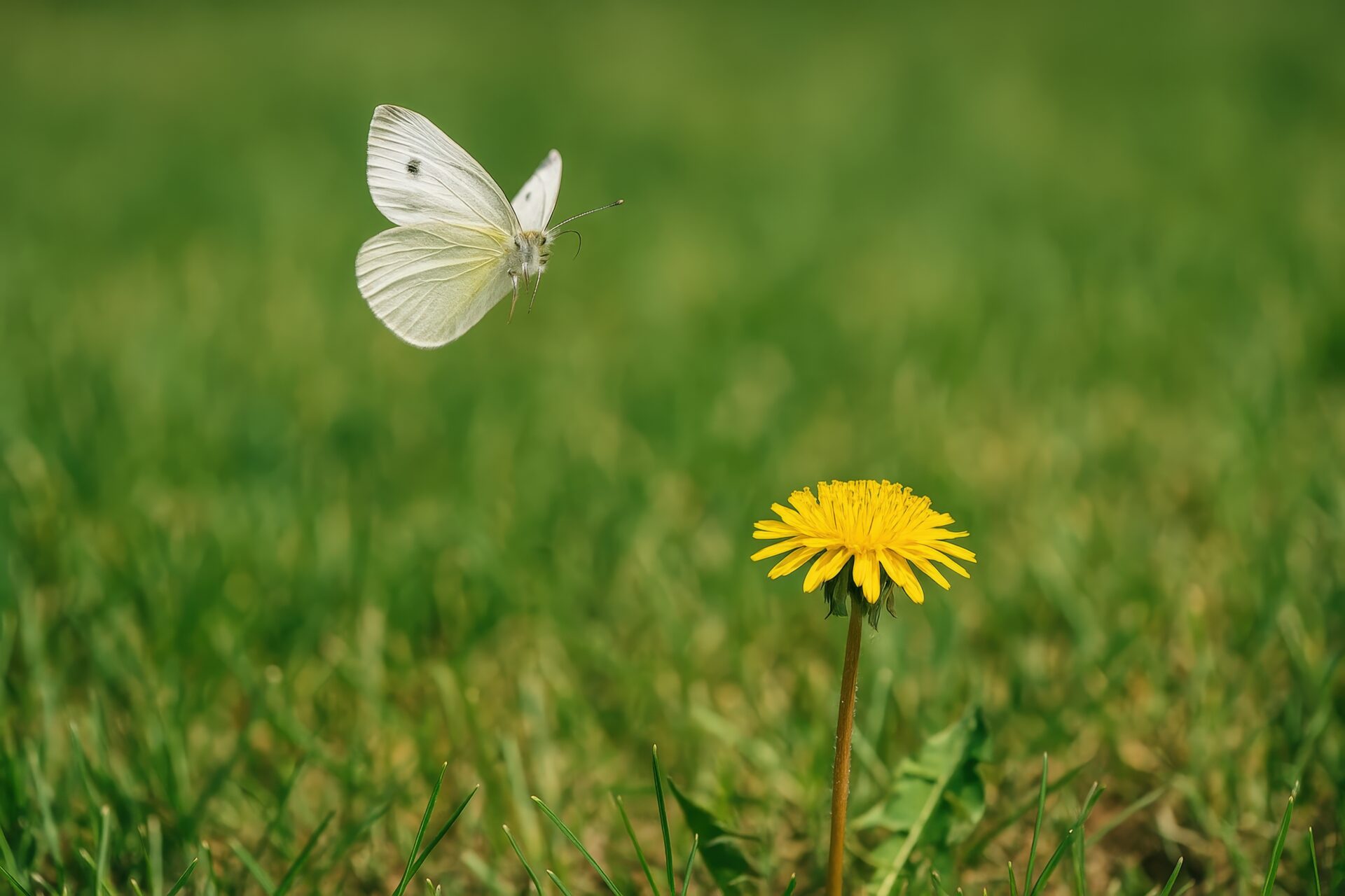 春の草原で舞うモンシロチョウとたんぽぽ