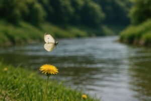 水辺のたんぽぽに近づくモンシロチョウ