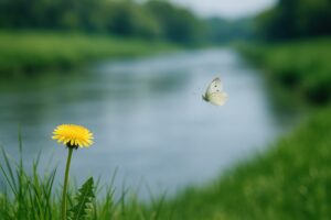 川沿いに咲く花に舞い降りるモンシロチョウ