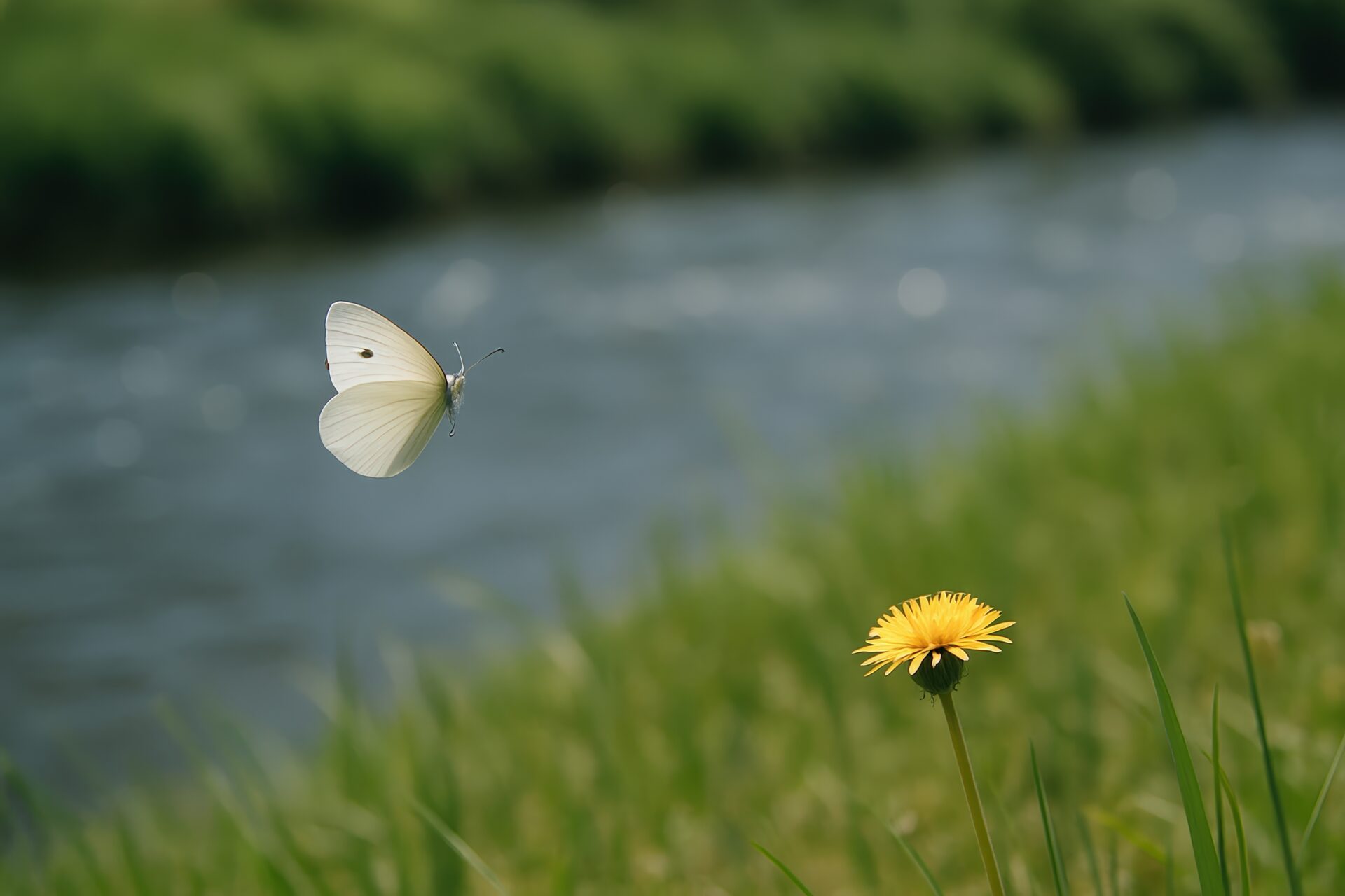 モンシロチョウが草むらで飛ぶ春の風景