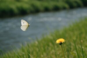 モンシロチョウが草むらで飛ぶ春の風景