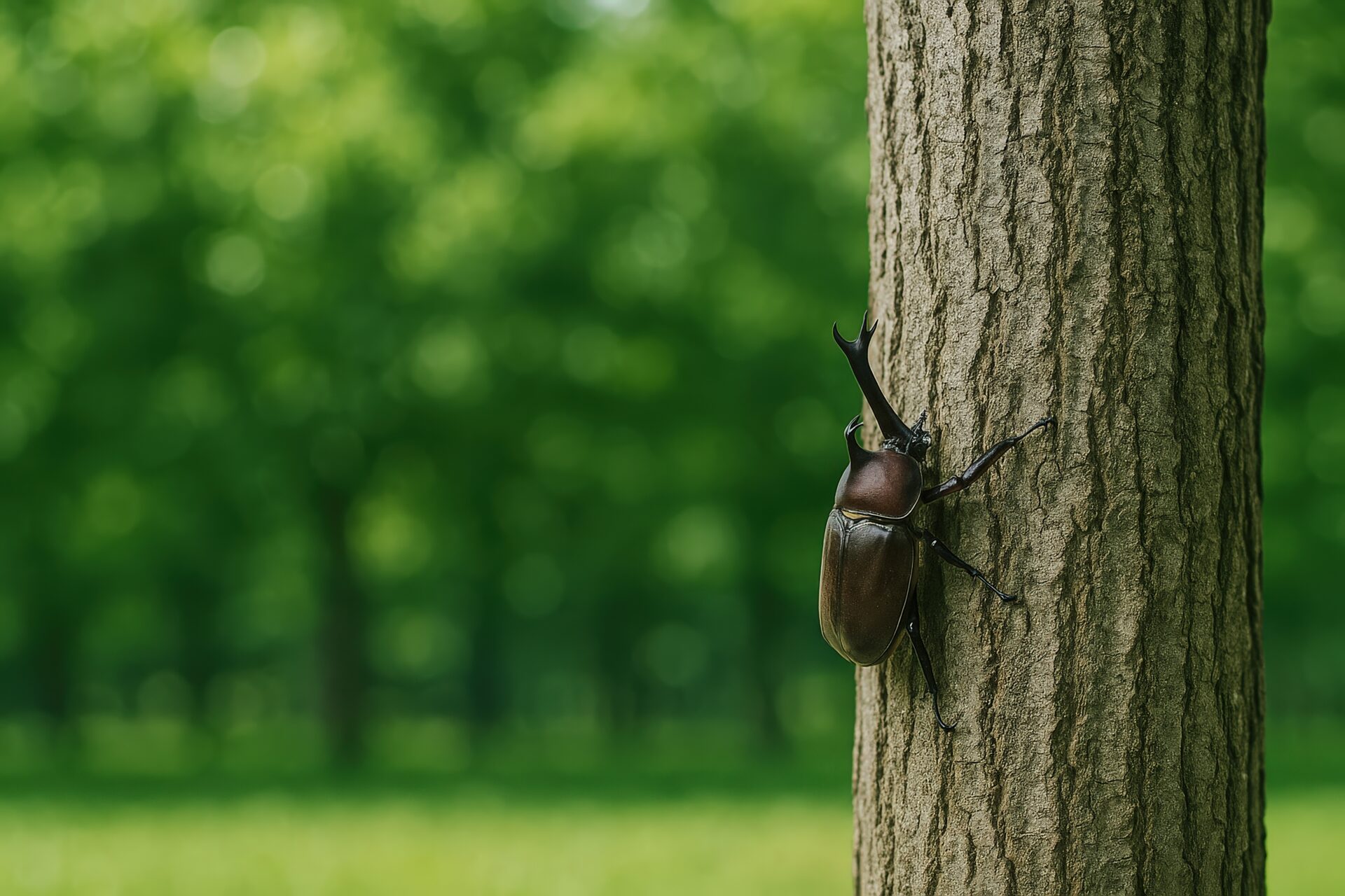 木を登るカブトムシと森林の背景