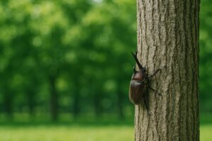木を登るカブトムシと森林の背景