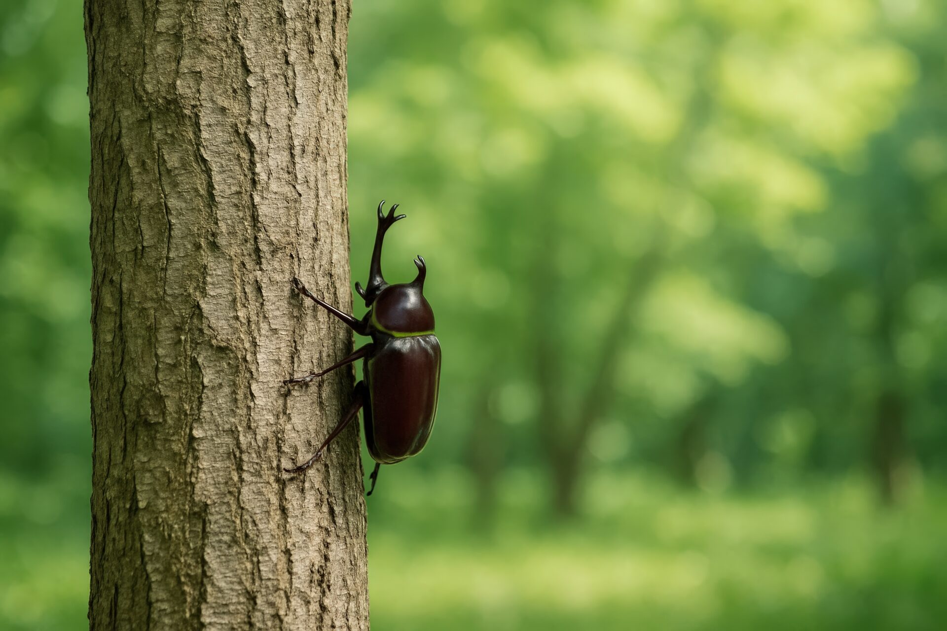 森の中で木を登るカブトムシ